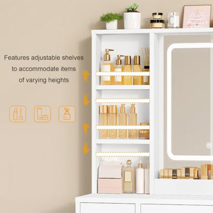 Large White Makeup Vanity Desk with Charging Station & 9 Drawers | Smart LED Mirror,7 Open Storage Shelves,Hairdryer Rack,Girls Vanity for Bedroom