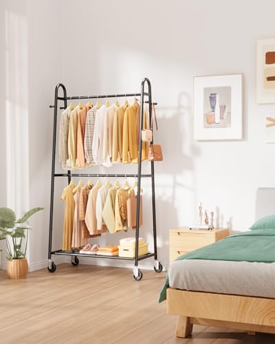 Sakugi Clothes Rack 36.5" x16.9" x72.8" Black Double Rod Mesh Shelf | Heavy Duty,Bedroom, Closet, Triangular Design, Freestanding, Metal Construction - color: Black