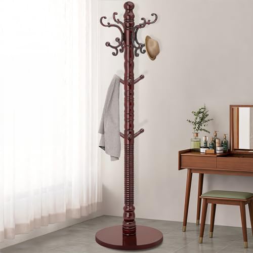 OIRUMIE Solid Wood Coat Rack, Vintage Coat Rack Frestanding for Entryway | Wooden Coat Rack Stand with 14 Hooks,Classic Coat Hanger Stand with Round Base,Coat Clothes Tree Stand for Hallway,Office - color: Black Red-14 Hooks Triangle Base