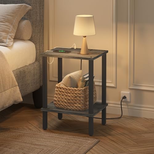 TUTOTAK End Table with Charging Station, Side Table Set of 2, Nightstand | 2-Tier Storage Shelf, Bedside Table with USB Ports, Sofa Table for Small Space, Livingroom, Bedroom Charcoal Grey TB01BY041 - color: Charcoal Grey