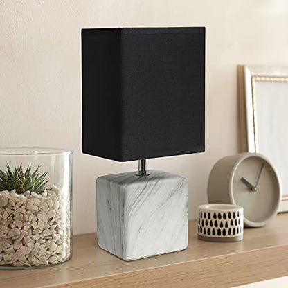 Simple Designs LT2071-WOB Mini Petite White Gray Marbled Ceramic Bedside Table Lamp with Black Shade - color: Marble White/Black Shade