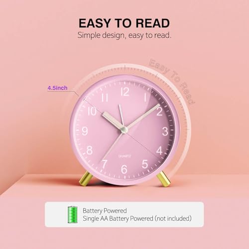 Back to School Silent Analog Quartz Alarm Clock for Kids Bedroom,Night Light, Battery Operated, Fashionable Round Metal - color: Pink