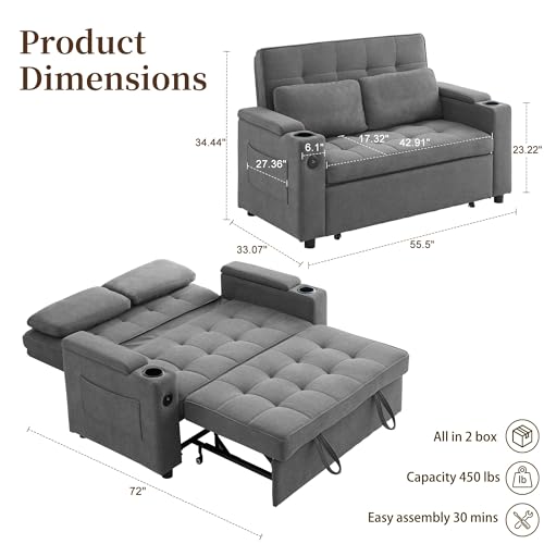 Korser 55.5'' 3-in-1 Convertible Sofa Bed, Pull Out Couch with 5-Position Adjustable Backrest, Loveseat Sleeper Sofa for Small Spaces, Sofa Couch with Cup Holders for Living Room, Office, Chenille - color: Dark Grey
