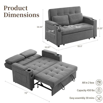Korser 55.5'' 3-in-1 Convertible Sofa Bed, Pull Out Couch with 5-Position Adjustable Backrest, Loveseat Sleeper Sofa for Small Spaces, Sofa Couch with Cup Holders for Living Room, Office, Chenille - color: Dark Grey