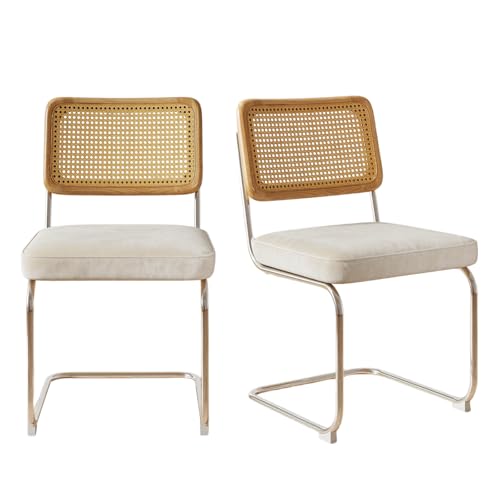 Rattan Dining Chairs Set of 2,Velvet Cesca Chair Kitchen Chair,Beige | VICBARLEY Mid Century Modern Dining Chairs,Wood Cane Backrest&Chrome Base,Upholstered Side Chair for Dining Room,Kitchen - color: Beige, size: Set of 2