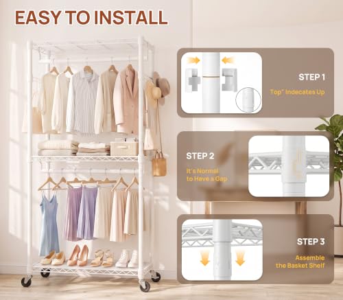 Heavy Duty Clothes Rack Load 350 LBS, Hanging Rods Clothes Rack, Black | Clothes Organizer Rack, Heavy-Duty Frame, Removable Rods, Side Hooks, Silent Casters, No Tools, Walk-In Closet, Small Space - color: WHITE, size: 45IN