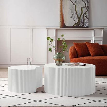 JUSTONE Set of 2 Nesting Side Table,Modern Round Wood Accent Side End Table for Living Room Bedroom and Entryway, Apartment,Nesting Tables for Small Spaces No Assembling (Matte White) - color: Round-white