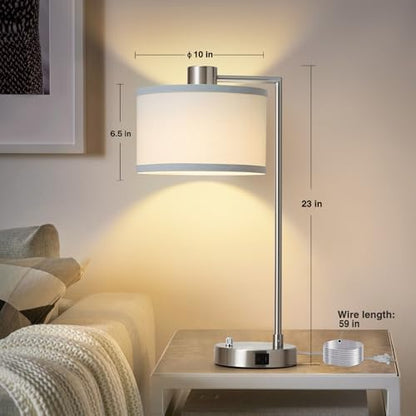 Silver Table Lamp Set of 2, Dimmable Bedside Lamps for Night Stand, USB A+C | Nightstand Lamp with Linen Lampshade, 2 LED Bulbs Included, Desk Lamp for Bedroom, Living Room, End Table, Reading , Office - color: Silver