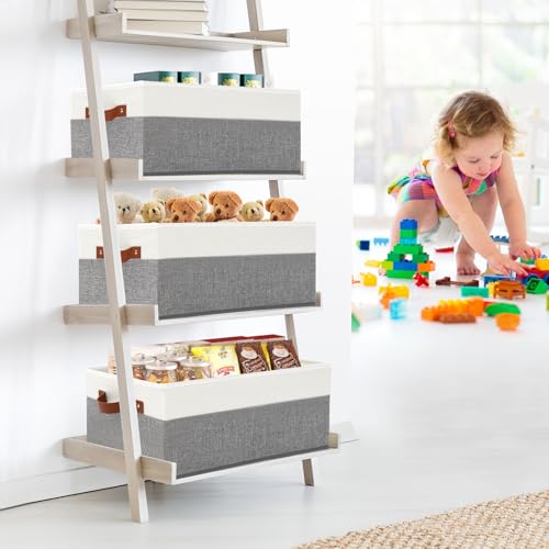 6 Pack Closet Storage Bins, Storage Baskets for Shelves | Linen Closet Organizers and Storage with Leather Handles for Clothes,Towels, Sheets, Jeans, Toys, Books (Grey and White) - style: 6 Pack Grey & White