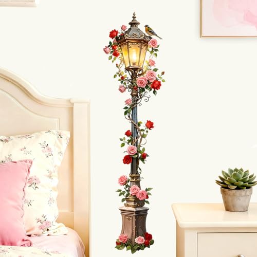 Streetlights and Roses Wall Decals, Wall Stickers Decor | 2 Sheets 11.8"x37.8" Vinyl Removable Peel and Stick Murals, Plant Decor for Bedroom, Bathroom, Office, Classroom & Home - style: Streetlights and Roses