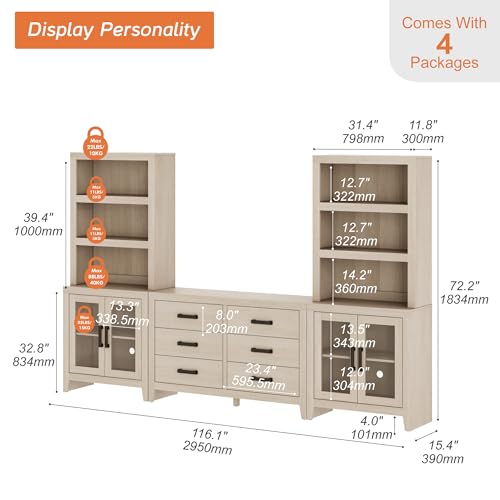 WAMPAT Farmhouse Entertainment Center with Bookshelves, TV Stand Set with Glass Doors & 6 Drawers, Wood Media Console for Living Room, Bedroom, Beige - color: Beige