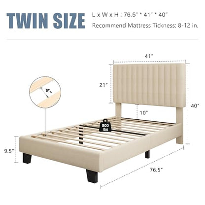 Einhomn Twin Size Bed Frame with Headboard, Upholstered Linen Platform Bedframe with Solid Wooden Slats, Noise-Free, No Box Spring Needed, Easy Assembly, Beige - color: Beige, size: Twin
