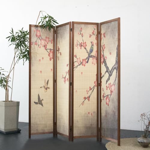 4 Panel Bamboo Room Divider for Room Separation, 5.6 ft Tall Double-Sided Folding Privacy Screen, Premium Thickened Wood Frame with Red Plum Artkwork for Home Office (67" H x 63" W) - color: Red Plum, size: 4 Panel