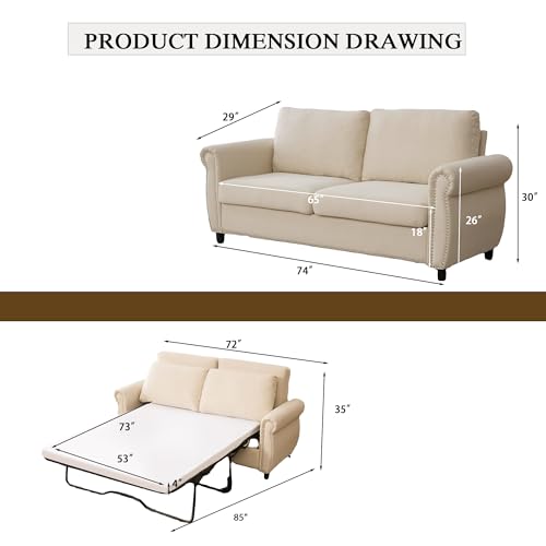 Queen Pull Out Couch Sofa Bed, 74' Large Convertible Sleeper Sofa, 2 Seater Loveseat Sofa-Bed with Queen Size Mattress for Living Room Small Spaces Apartment Studio, Beige - color: Beige, size: Convertible Sleeper Sofa Bed-2 seat