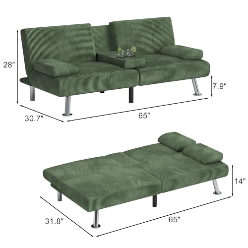 Shahoo Convertible Folding Futon Sofa Bed, Upholstered Sleeper Loveseat | Linen futon equipped with removable armrests, metal legs & 2 cup holders for living room (Green) - color: Green, style: Corduroy