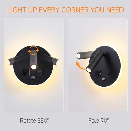 LED Round Wall Sconce with Dimmable Light, 6W+3W 3000K Night Light, Adjustable Plug-in Headboard Lamp with USB & USB-C Ports, Bedside Reading Light for Bedroom(Black) - color: Black