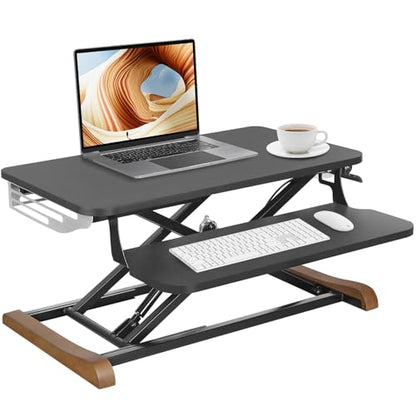 Height Adjustable Standing Desk Converter with Keyboard Tray, 26x16 Inch, Sit to Stand Desk Riser with Elegant Side Cover and Wooden Feet, Compact Monitor and Laptop Riser for Home & Office, Black