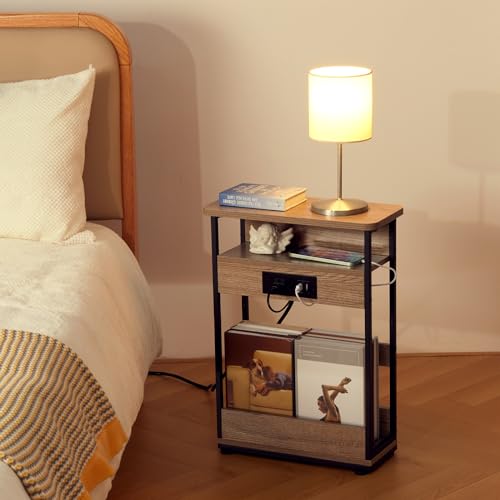 YEAKOO Narrow Side Table with Charging Station, 3-Tier End Table with 2 USB Ports & Power Outlets,Thin Sofa Side Table for Narrow and Small Spaces, Bedside Table Nightstand for Living Room,Oak - color: Oak
