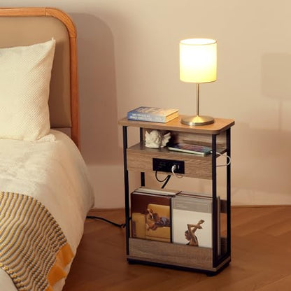 YEAKOO Narrow Side Table with Charging Station, 3-Tier End Table with 2 USB Ports & Power Outlets,Thin Sofa Side Table for Narrow and Small Spaces, Bedside Table Nightstand for Living Room,Oak - color: Oak