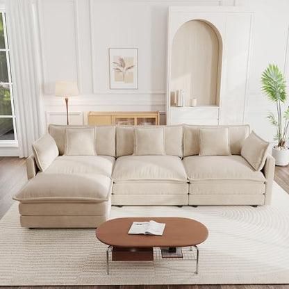 Modular Sectional Sofa, 111.5 Inch L Shaped Couch Set for Living Room, 3-Seater Comfy Cloud Couches with Movable Ottoman, DIY Combination, Chenille, Light Coffee - color: Light Coffee, size: 111.5 Inch- L