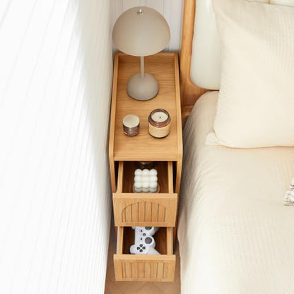 Narrow Nightstand Set of 2, Wooden Small 2 Drawer Nightstand, Slim Side End Table, Skinny Bedside Table, Mid Century Modern Night Stand with Drawers for Bedroom (Yellowish Natural) - color: Yellowish Natural