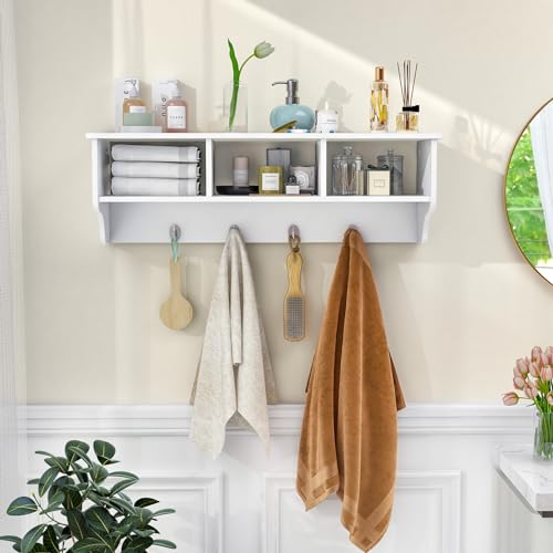 RELAX4LIFE Coat Rack Wall Mount with Shelf, 31’’ Wood Hanging Shelf with Storage, 3 Cubby Compartment & 4 Hooks for Entryway Bathroom Kitchen, Wall Mounted Floating Shelf with Hooks (White) - color: White