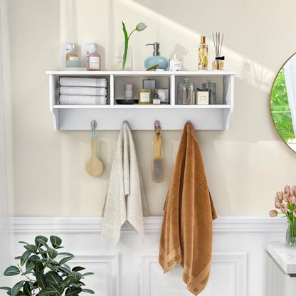 RELAX4LIFE Coat Rack Wall Mount with Shelf, 31’’ Wood Hanging Shelf with Storage, 3 Cubby Compartment & 4 Hooks for Entryway Bathroom Kitchen, Wall Mounted Floating Shelf with Hooks (White) - color: White