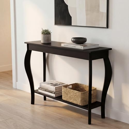ChooChoo 39" Narrow Entryway Table with Storage Shelf, Black | Console Table with Curved Legs, Chic Accent Sofa Table with Shelves for Entryway, Living Room, Hallway - color: Black