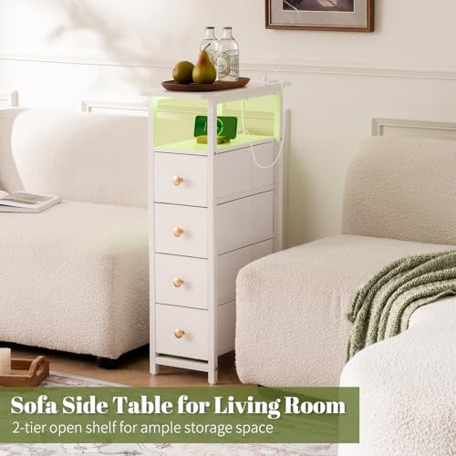 Yoobure LED Narrow Nightstand with Charging Station - Slim Dresser for Bedroom Narrow Side Table Storage Cabinet, Small Dressers Chest of Drawers, Tall Night Stand End Table for Small Spaces, White - color: White