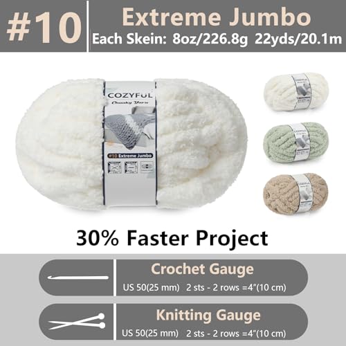 Cozyful Chunky Yarn for Hand Knitting - #10 Chunky Chenille Yarn, Jumbo Big Thick Chunky Yarns for Crocheting, Super Bulky Chunky Knit Blanket Yarns, 8 Skein (22yd, 8oz/Skein), Cream & Sage & Khaki - color: Cream & Sage & Khaki