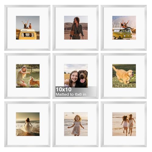 10x10 Frame Set of 9, 10 by 10 Square Picture Frames with Plexiglass for Picture 6x6 with Mat or 10x10 without Mat, Art Collage for Wall Gallery and Tabletop Display, 10 x 10 Photo Silver - color: Silver, size: 10x10