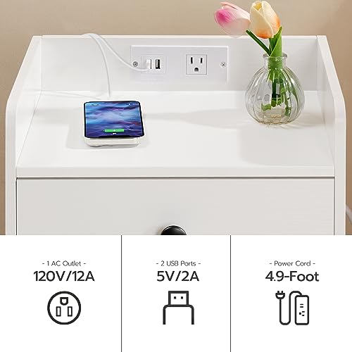 HOOBRO Nightstand with Charging Station, End Table with Drawer and Opening Shelf, Bedside Table with USB Ports and Outlets, Small Night Stand for Bedroom, Simple Style, White WT18UBZ01