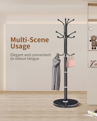 Snaikor Metal Coat Rack Freestanding, Sturdy Coat Rack Stand with Natural Marble Base, Modern Black Coat Racks Tree Hats Hanger Holder Stand for Entryway, Hallway, Office(12 Hooks) - color: Black-12Hooks