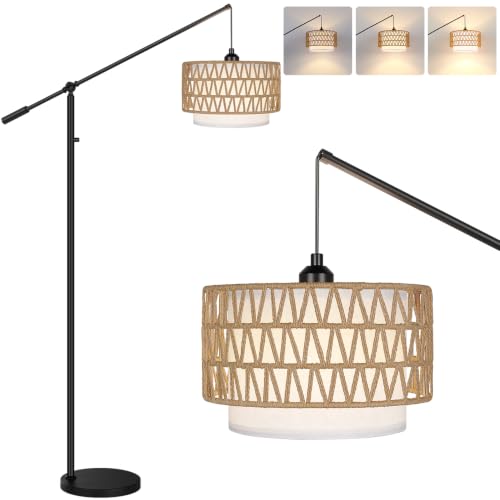 【Upgraded】Boho Arc Floor Lamp with Adjustable Swing Arm, Farmhouse Rustic Floor Lamp with Rattan & Fabric Shades, Rattan Standing Lamp with 11W Bulb, Tall Lamp for Living Room Bedroom Office, Black - color: Farmhouse-Black