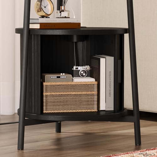 Round Side Table with Charging Station, Black | Circle Nightstand with Storage, Fluted Bedside Table, with Sliding Door, for Living Room Small Space Bedroom