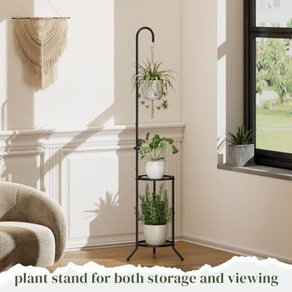 2 Tier Hanging Metal Plant Stand Space Saving Corner Plant Holder | Plant Shelf with Hooks Space Saving Corner Design Fits Bedroom, Balcony,Living Room and Patio Garden