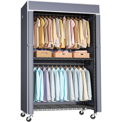 Black Clothing Rack with Grey Cover, P1C Rolling Closets | Metal Garment Rack for Hanging Clothes, Clothing Storage Wardrobe, with Wheels - color: Black Rack With Grey Cover