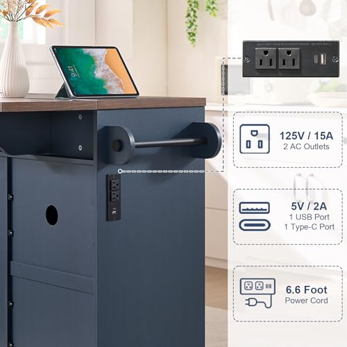 Okvnbjk 57" Rolling Kitchen Island with Storage & Drop Leaf, Navy Blue | Mobile Island with Trash Can Storage Cabinet, Large Island Cart on Wheels with Power Outlet, Spice & Towel Rack - color: Navy Blue