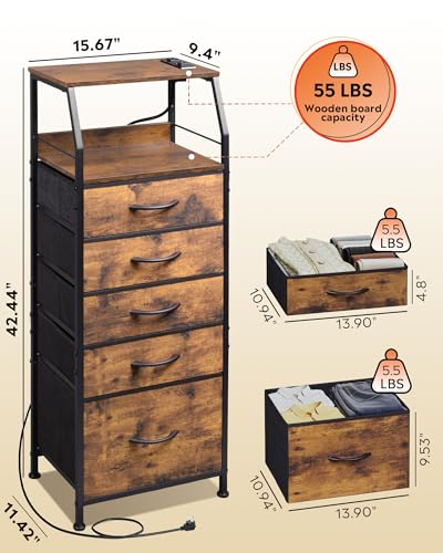 WLIVE LED Nightstand with Charging Station, Fabric Dresser with 5 Drawers for Bedroom, Tall Night Stand with Open Shelves, Bed Side Tables Living Room, Rustic Brown - color: Rustic Brown Wood Grain Print, size: 5 Drawers