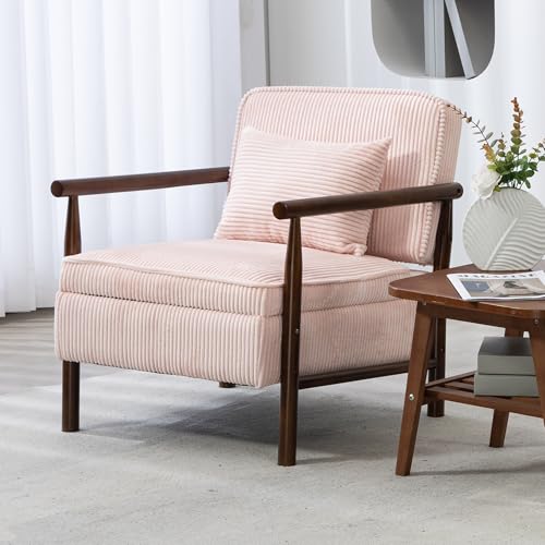 Accent Chair, Comfy Modern Lounge Reading Arm Chair with Storage | Corduroy Upholstered Lounge Arm Chair with Solid Wood Reading for Living Room/Office/Balcony/Bedroom-Pink - color: Storage-corduroy-pink