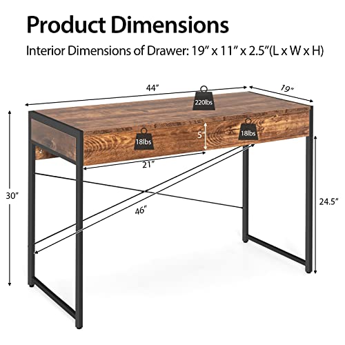 Tangkula Industrial Computer Desk with 2 Drawers, Simple Study Writing Desk with Drawers, 44 Inches Laptop PC Workstation, Student Desk Home Office Desk Ideal for Bedroom & Office (Rustic Brown) - color: Rustic Brown