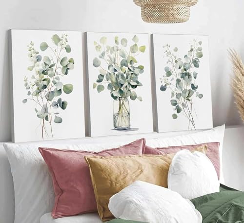 HOMTAI 3Pcs Botanical Canvas Wall Art 16x24Inch | Sage Green Eucalyptus Leaves Painting Picture Wall Decor Plant Watercolor Poster Print Artwork for Bedroom Bathroom - color: Canvas, size: 24L" x 16W"