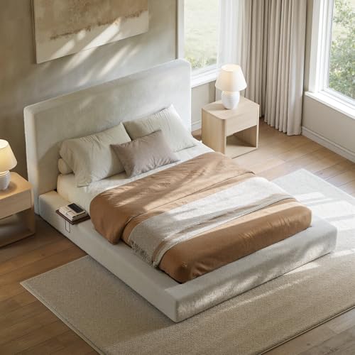 Evermagin White Queen Upholstered Cloud Bed Frame with Headboard | Soft Frame Cloud Bed with 2 Tray Tables, Modern Platform Cushion Bed Frame for Bedroom, No Box Spring Required Easy Assembly - size: Queen
