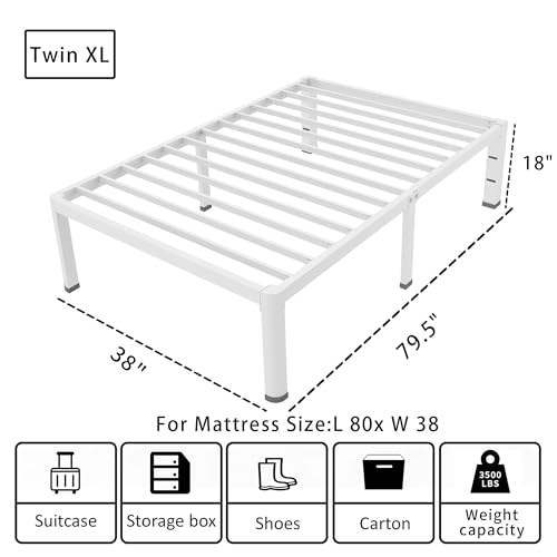 ROIL 18 Inch White Twin XL Bed Frame with Rounded Corner 4 Mattress Baffles | Easy Assembly, Noise Free, 3500LBS Load Capacity, No Box Spring Needed, 16.4" Storage Space, Headboard Hole, Heavy Duty Steel - size: Twin XL, style: 18 Inch White