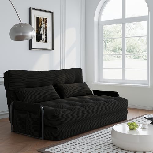 4-in-1 Folding Sofa Bed,Convertible Sofa Bed with Pillow Foldable Mattress and Back Support,Convertible Modular Sofa with Double Side Pockets for Living Room/Bedroom,Double(Black) - color: Black, size: Full