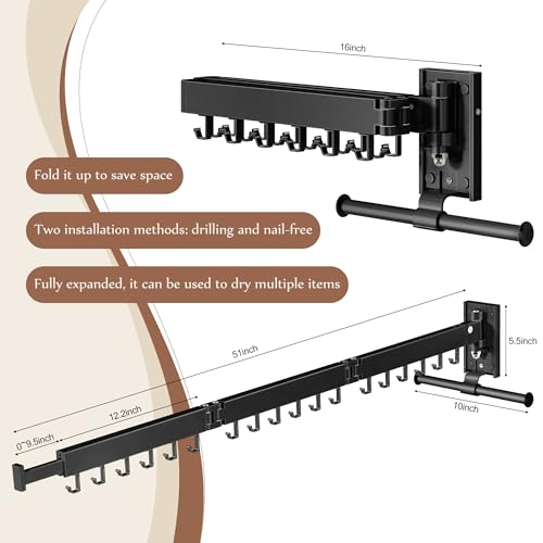 Wall Mounted Collapsible Clothes Drying Rack, Space-Saving Laundry Drying Rack Clothing Hanger, Durable Foldable Design Extends Left, Right & Up for Upgraded Versatility - style: Upgrde-Black Hooks