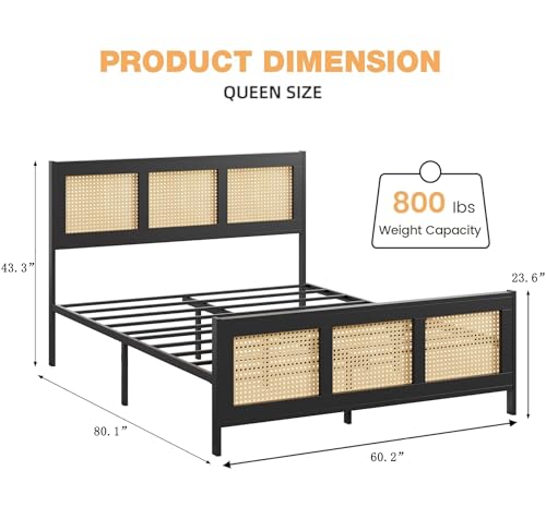 GarveeHome Rattan Queen Size Bed Frame with Headboard, Black | Boho Bed Frame with Strong Metal Slat, Noise Free, No Box Spring Needed - color: Black, size: Queen (No Drawers)
