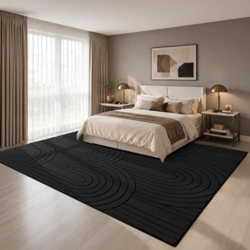 Sour Lemon Area Rugs 9x12 Living Room Bedroom, Modern Washable Rug Black | Machine Carpet Non-Slip, Soft Large Fluffy Plush Thick, Big, Geometric High-Low Pile Nersy Rug for Kids Dining Room - color: Black, size: 9' x 12' (Rectangular)