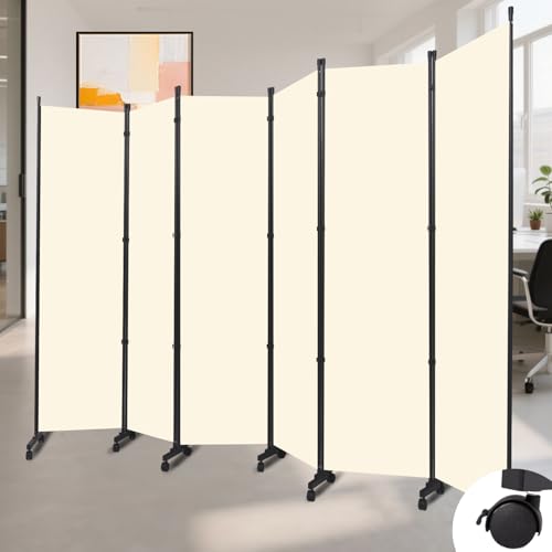Folding Room Divider W/Wheels,Heavy Duty Base Privacy Screen Separator | 360° Smooth Lockable Rolling Wheels,Foldable Freestanding Wall Divider,Easy Movable Partition for Room Separation - color: Beige, size: B-132''W-6 Panel