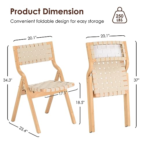 Wood Folding Chairs, Foldable Chairs Wooden Indoor Stackable Dining Chairs for Kitchen & Dining Room Chair Woven Seat & Webbing Back, Dining Chair Set of 2 - color: Beige/Natural, Pu Leather